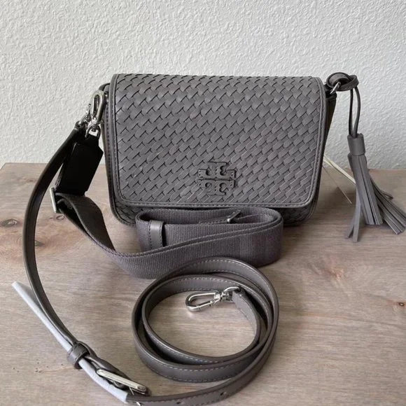 ショルダーバッグ・ポシェット Tory Burch Thea Woven Satchel 163545 NWT Tory Burch Thea Woven Web Small Satchel, Moose/Moose